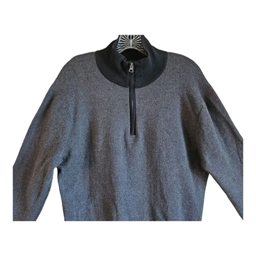 J. CREW Men's M 1/4 Zip Sweater Black Gray Herringbone Mock Neck Long Sleeve 42